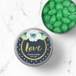 Pegatina Redonda Oro azul y falso, acuarela Floral Boda amor