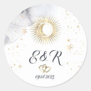 Pegatina Redonda Oro Celestial Sol, Luna, Estrellas
