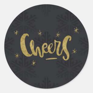 Pegatina Redonda Oro CHEER Moderno Invierno Fiestas Copos de Nieve