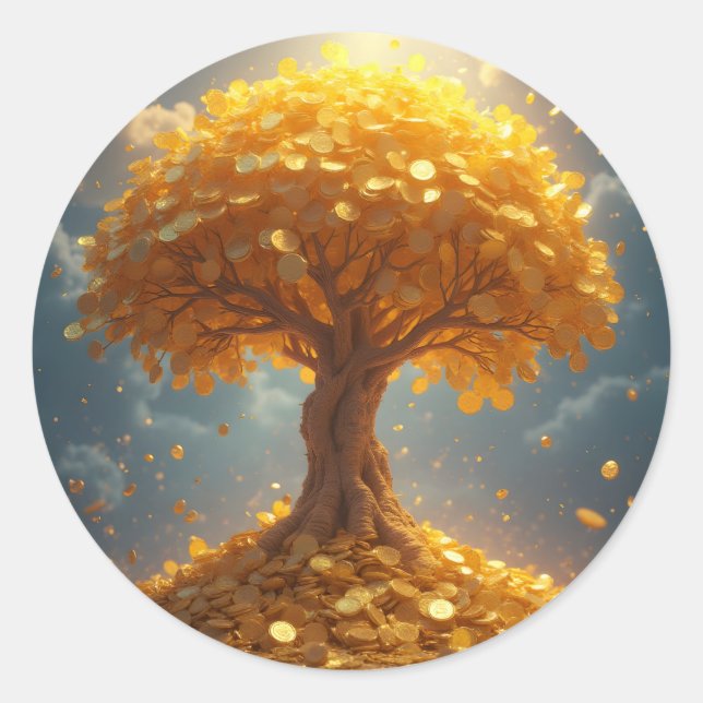 Pegatina Redonda oro de árbol de dinero dorado (Anverso)