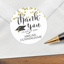 Pegatina Redonda Oro de Graduación Confeti Script GRACIAS