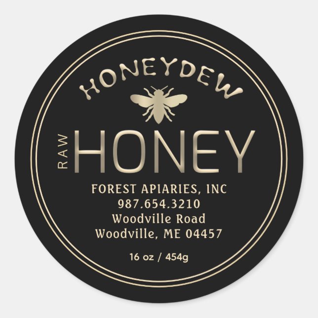 Pegatina Redonda Oro de HONEYDEW FOREST HONEY en negro con abeja (Anverso)
