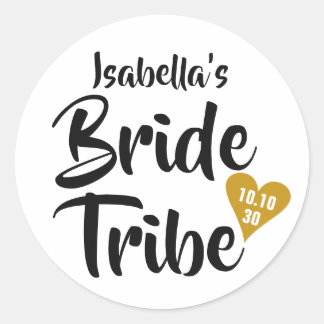 Pegatina Redonda Oro de la tribu de la novia Fecha Corazón Personal