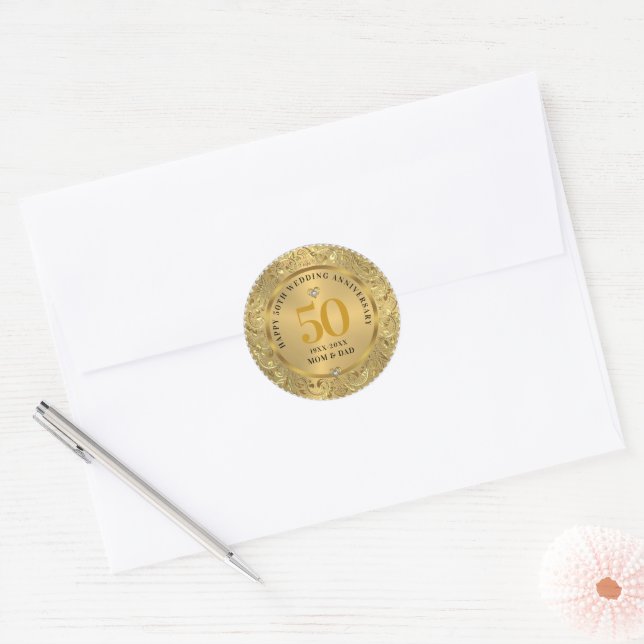 Pegatina Redonda Oro de los diamantes 50 años Boda (Sobre)
