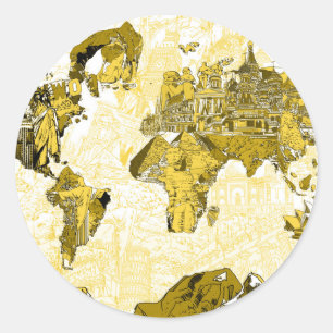 Pegatina Redonda oro de mapa del mundo