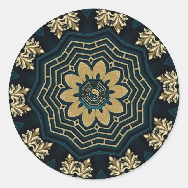 Pegatina Redonda Oro de moda y estilo asiático verde (Anverso)