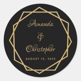 Pegatina Redonda Oro elegante en Boda geométrico moderno negro