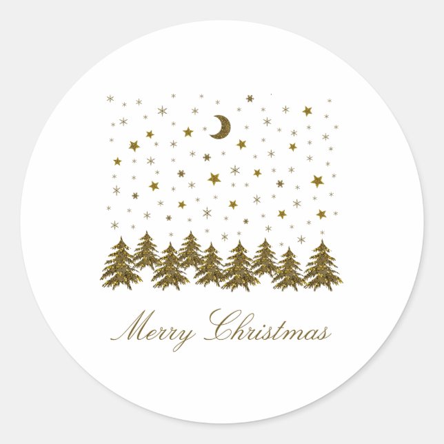Pegatina Redonda Oro espumoso árbol de Navidad, luna, estrellas (Anverso)