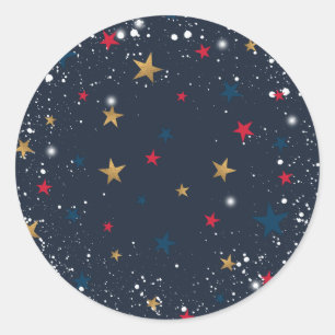 Pegatina Redonda Oro, estrellas rojas, copos de nieve en azul. Fest