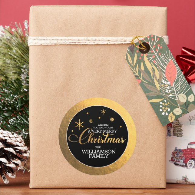 Pegatina Redonda Oro Hoja Feliz Navidad (Vacaciones)