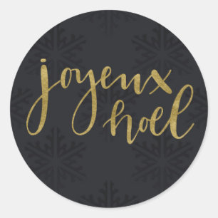 Pegatina Redonda Oro JOYEUX NOEL Fiesta Invierno Negro Copos de Nie