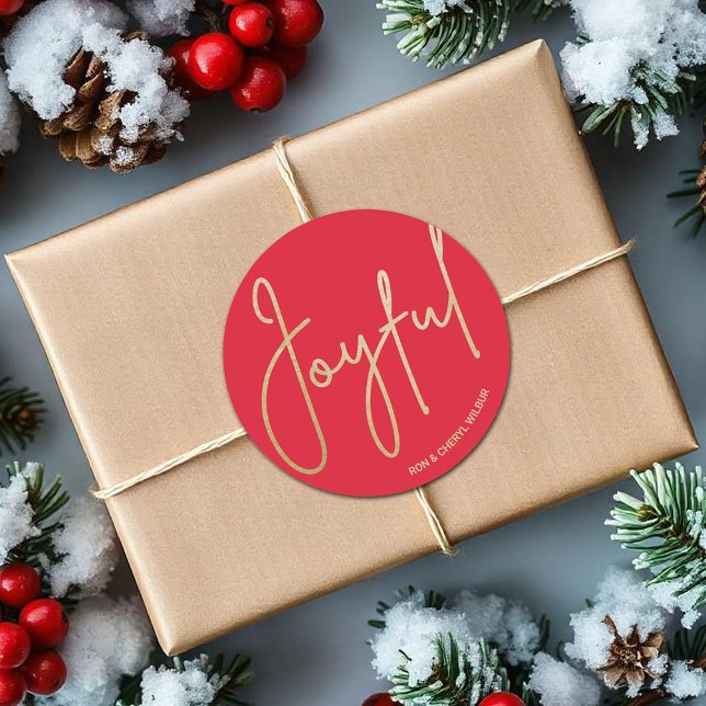 Pegatina Redonda Oro JOYFUENTE para los Navidades rojos (JOYFUL in gold script on red Christmas 3" Round Stickers)