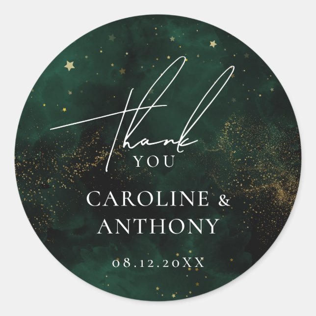 Pegatina Redonda Oro Mágico Verde Esmeralda Oscuro Gracias (Anverso)