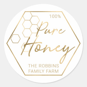 Pegatina Redonda Oro moderno 100% Pure Honey Jar Labels Nombre Apia