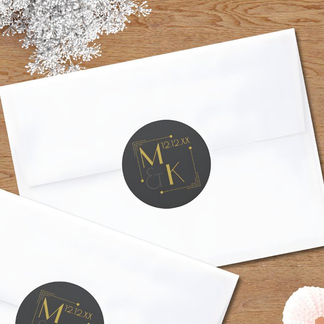 Pegatina Redonda Oro negro Boda Art Deco de los años 20 (Just add your wedding date and initials to these elegant black and gold wedding sticjers)