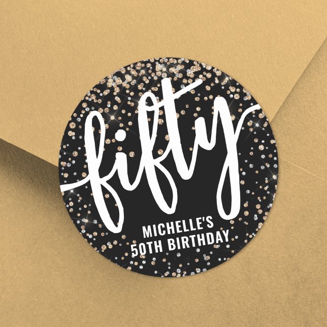 Pegatina Redonda Oro Negro Brillo Cumpleaños 50 (Black Gold Glitter 50th Birthday Classic Round Sticker )