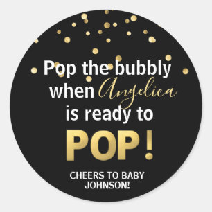 Pegatina Redonda Oro negro burbujeante de Baby Shower POP Champán