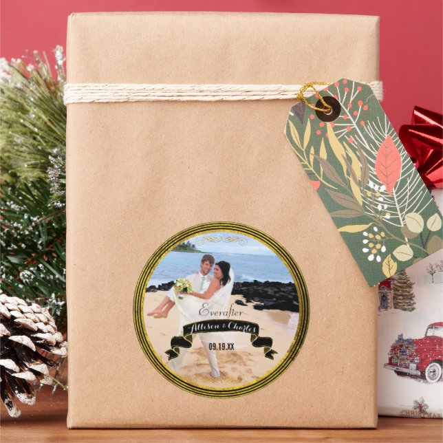 Pegatina Redonda Oro negro delgado con varias tiras tu foto Boda (Vacaciones)