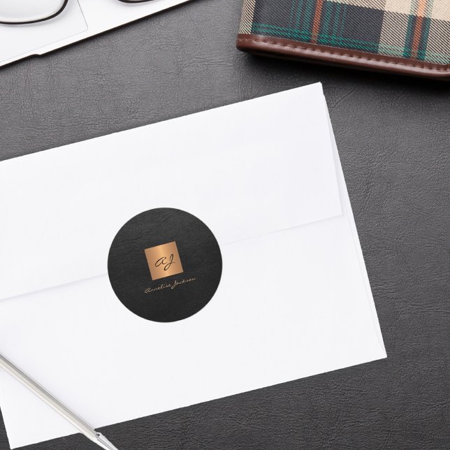 Pegatina Redonda Oro negro elegante monograma nombre cuero (Subido por el creador)