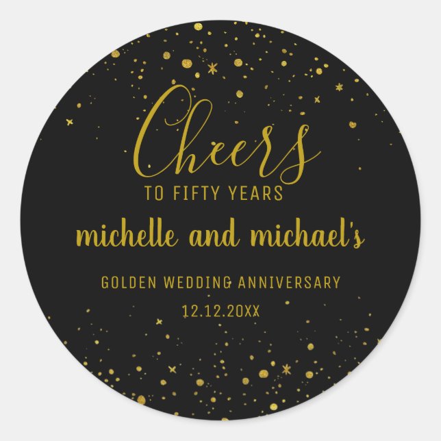 Pegatina Redonda Oro Negro Feliz Aniversario 50 Años  (Anverso)