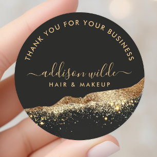 Pegatina Redonda Oro Negro Glitter Script Agradecimiento Comercial