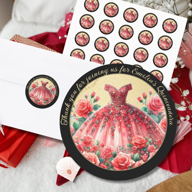 Pegatina Redonda Oro Negro Rojo Vestido Quinceañera Gracias Regalos (Subido por el creador)