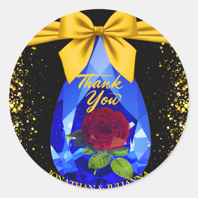 Pegatina Redonda Oro & Piedra Preciosa Diamante Rosa Chic Gracias (Anverso)