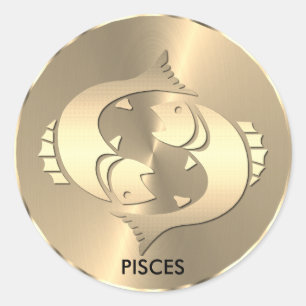 Pegatina Redonda Oro Piscis ♓ Pescado - Rótulo Zodiaco