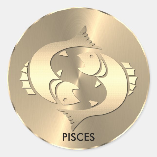 Pegatina Redonda Oro Piscis ♓ Pescado - Rótulo Zodiaco (Anverso)