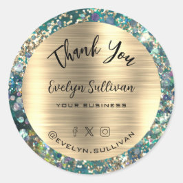 Pegatina Redonda Oro Purpurina Verde azulado Opal Gracias