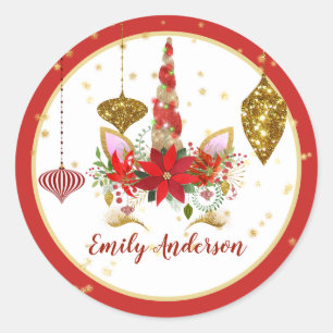 Pegatina Redonda Oro Rojo Personalizado para navidades Unicornio