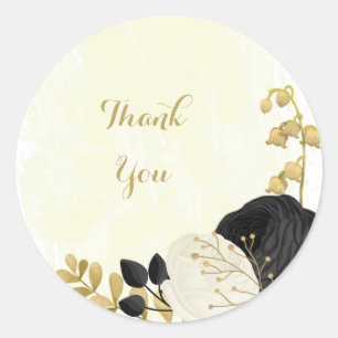 Pegatina Redonda Oro romántico de flores negras y blancas