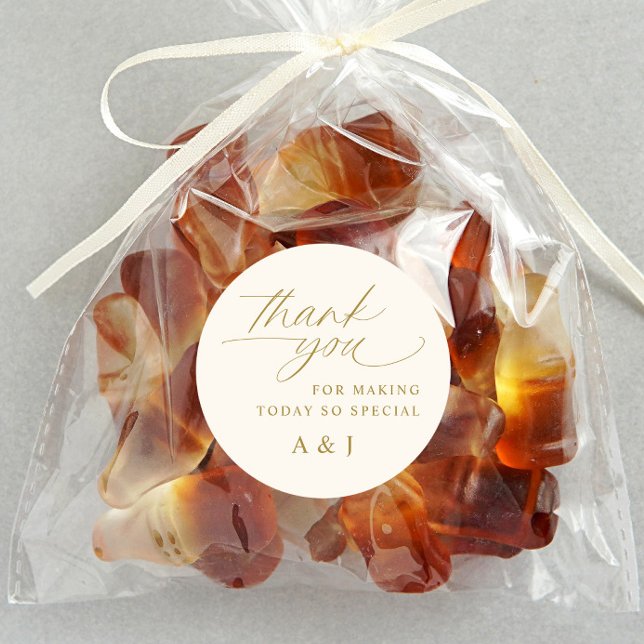 Pegatina Redonda Oro romántico y Boda de marfil-crema gracias (Wedding thank you stickers on candy bag favors - gold and light cream / ivory - romantic script)