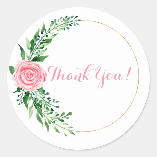 Pegatina Redonda Oro Rosa Floral Acuarela Elegante Gracias (Anverso)