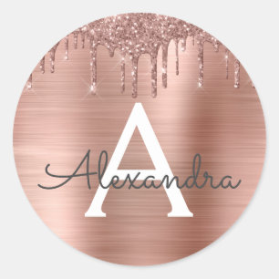 Pegatina Redonda Oro Rosa - Glitter Rosa Metal Monograma Nombre
