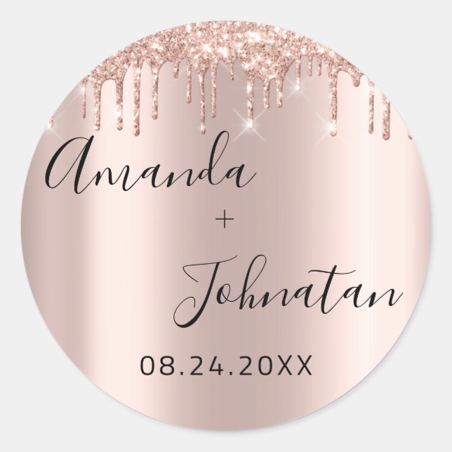 Pegatina Redonda Oro Rosa Simplemente Nombre Fecha Goteo Negro (Anverso)