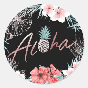 Pegatina Redonda Oro Rosa Tropical Piña Botánica Aloha Luau