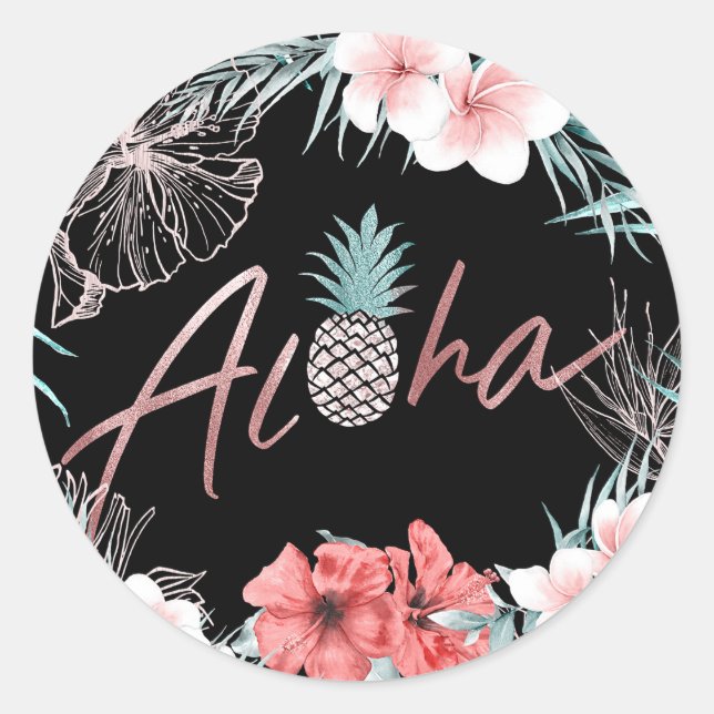 Pegatina Redonda Oro Rosa Tropical Piña Botánica Aloha Luau (Anverso)