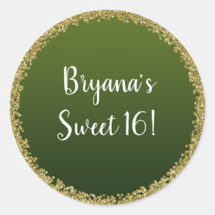 Pegatina Redonda Oro Verde Brillante Glam Glitter Fiesta Brillo
