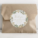 Pegatina Redonda Oro Verde Caída Gracias Favor De Boda<br><div class="desc">Este pegatina redondo clásico es perfecto para un boda moderno. El diseño presenta un bonito paisaje artístico verde y dorado. Haga que el pegatina le asigne las etiquetas propias, incluyendo sus nombres, el evento (si procede) y la fecha. ¡Estos pegatinas pueden complementar la recepción nupcial, la ducha de novia o...</div>