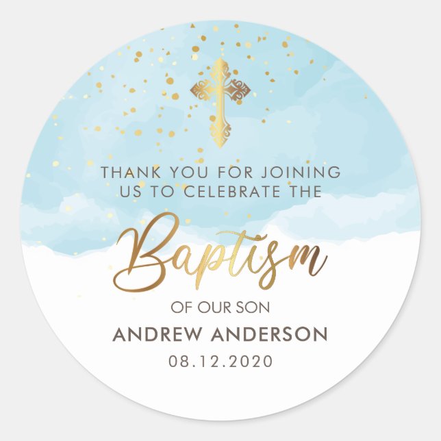 Pegatina Redonda Oro Y Azul Acuarela Muchacho Baptismo Gracias (Anverso)