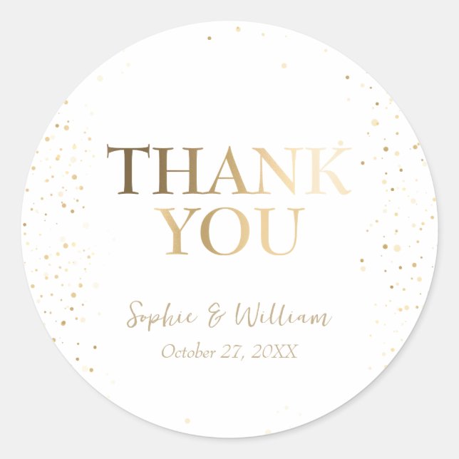 Pegatina Redonda Oro y Bella Blanca Elegante Boda Gracias (Anverso)