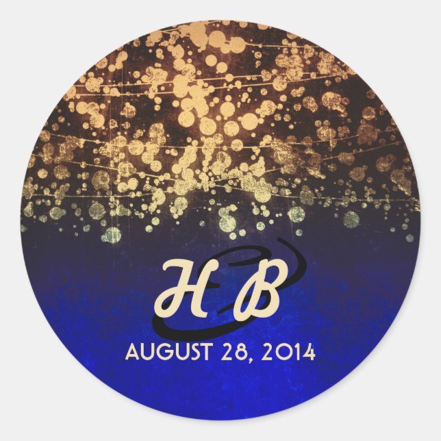 Pegatina Redonda oro y boda rústico de las luces azules de la (Anverso)