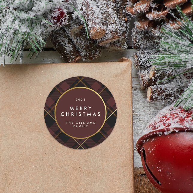 Pegatina Redonda Oro y tartán rojo oscuro juegan Feliz Navidad (Subido por el creador)