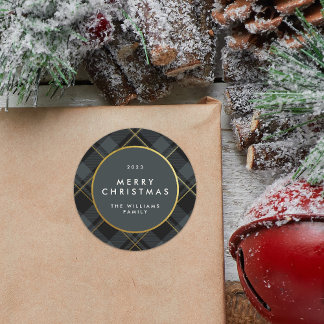 Pegatina Redonda Oro y tartán verde oscuro juegan Feliz Navidad