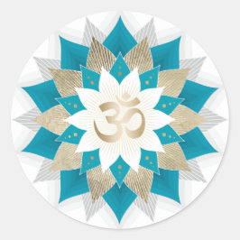 Pegatina Redonda Oro y Verde azulado Lotus Floral Namaste Yoga Om R