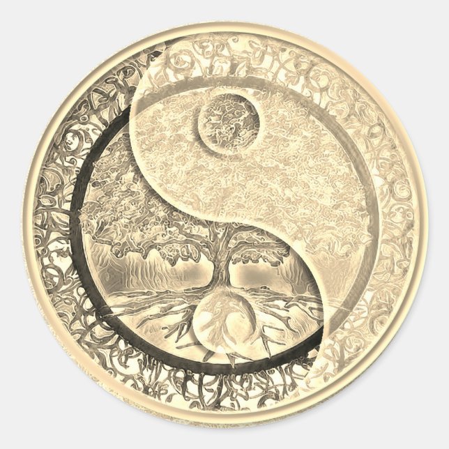 Pegatina Redonda Oro Yin Yang Árbol de arte de la vida (Anverso)