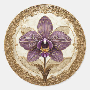 Pegatina Redonda Orquídea elegante en marco dorado intrincado