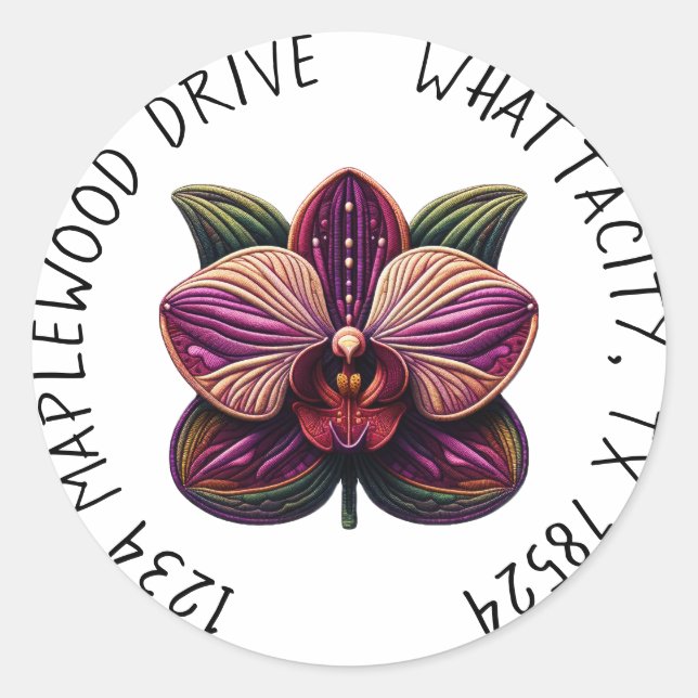 Pegatina Redonda Orquídea púrpura con dirección de retorno (Anverso)