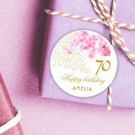 Pegatina Redonda Orquídea Rosa Acuarela Dorada Purpurina 70 cumplea